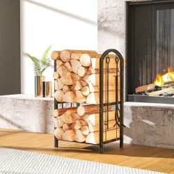 Estante de Leña de Metal de 2 Niveles con 4 Herramientas para Chimenea y Ganchos 43x30x74 cm Marrón Oscuro - Ogal.Es