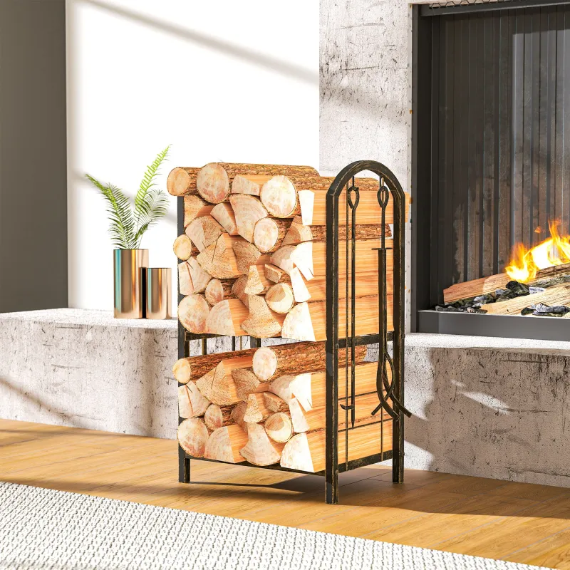 Estante de Leña de Metal de 2 Niveles con 4 Herramientas para Chimenea y Ganchos 43x30x74 cm Marrón Oscuro - Ogal.Es