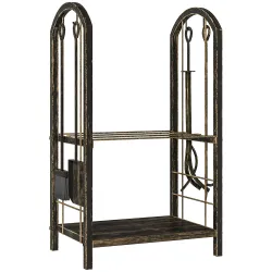 Estante de Leña de Metal de 2 Niveles con 4 Herramientas para Chimenea y Ganchos 43x30x74 cm Marrón Oscuro - Ogal.Es