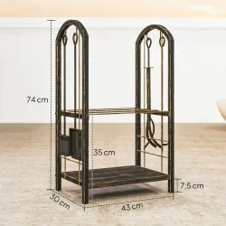 Estante de Leña de Metal de 2 Niveles con 4 Herramientas para Chimenea y Ganchos 43x30x74 cm Marrón Oscuro - Ogal.Es