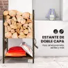 Estante de Leña de Metal de 2 Niveles con 4 Herramientas para Chimenea y Ganchos 43x30x74 cm Marrón Oscuro - Ogal.Es