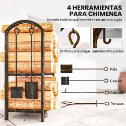 Estante de Leña de Metal de 2 Niveles con 4 Herramientas para Chimenea y Ganchos 43x30x74 cm Marrón Oscuro - Ogal.Es
