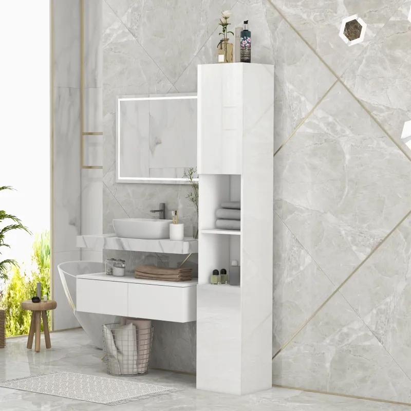 Armario de Baño Alto y Estrecho con Puertas y Estantes Ajustables 30x30x181,5 cm Blanco Brillo - Ogal.Es