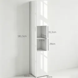 Armario de Baño Alto y Estrecho con Puertas y Estantes Ajustables 30x30x181,5 cm Blanco Brillo - Ogal.Es