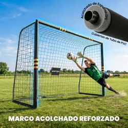 Portería de Fútbol para Jardín 300x120x200 cm con Red Estructura Metálica y Acolchada EPE Negro y Amarillo - Ogal.Es