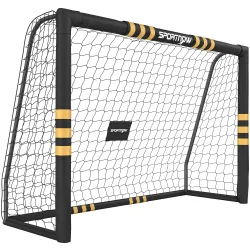Portería de Fútbol para Jardín 240x85x160 cm con Red Estructura Metálica Acolchada EPE y Piquetas Negro y Amarillo - Ogal.Es