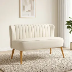 Sofá de 2 Plazas Tapizado en Lino Sintético Asiento y Respaldo Acolchados Patas de Madera Carga 220 kg Blanco Crema - Ogal.Es