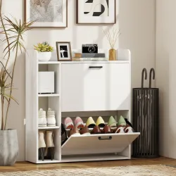 Zapatero Estrecho con 2 Puertas 3 Estantes Laterales y Estantes Ajustables para 15 Pares de Zapatos Blanco - Ogal.Es