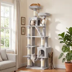 Árbol Rascador para Gatos 204 cm Multinivel con 2 Cuevas Hamaca 2 Camas Postes de Sisal Escalera 2 Bolas Gris Claro - Ogal.Es