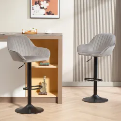 Juego de 2 Taburetes de Bar Giratorios Altura Ajustable 62-83 cm Tapizada en Terciopelo Respaldo y Reposapiés Gris - Ogal.Es