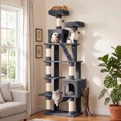 Árbol Rascador para Gatos 204 cm Multinivel con 2 Cuevas Hamaca 2 Camas Postes de Sisal Escalera 2 Bolas Gris Os... - Ogal.Es