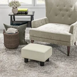 Reposapiés Salón de Tela de Lino Taburete Bajo con Asiento Acolchado Marco de Madera Patas Beige - Ogal.Es