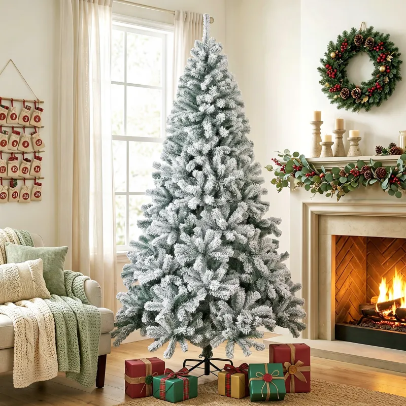 Árbol de Navidad Nevado de 220 cm con 1000 Puntas de PVC Ignífugo Ramas Articuladas Montaje Rápido Verde y Blanco - Ogal.Es