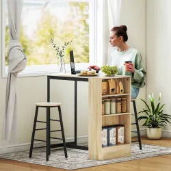 Conjunto Mesa Alta de Cocina con 2 Taburetes Reposapiés 3 Compartimentos Abiertos Estante Ajustable para Comedor... - Ogal.Es