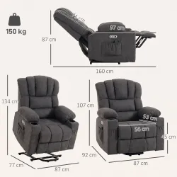 Sillón Relax Reclinable Eléctrico Levanta Personas Masaje Vibratorio y Calor Asiento Ancho USB-C USB-A Bolsillos... - Ogal.Es