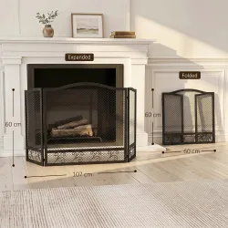 Salvachispas para Chimenea Plegable de 3 Paneles de Metal con Diseño Floral para Hogar 107x60 cm Negro - Ogal.Es