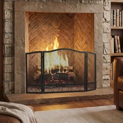 Salvachispas para Chimenea Plegable de 3 Paneles de Metal con Diseño Floral para Hogar 107x60 cm Negro - Ogal.Es