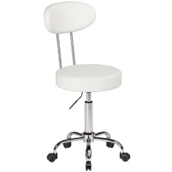 Taburete con Ruedas Giratorio Altura Regulable de Cuero Sintético con Respaldo para Spa Oficina Tatuajes Blanco - Ogal.Es