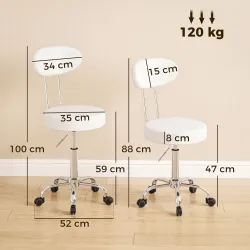 Taburete con Ruedas Giratorio Altura Regulable de Cuero Sintético con Respaldo para Spa Oficina Tatuajes Blanco - Ogal.Es