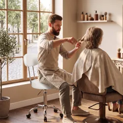 Taburete con Ruedas Giratorio Altura Regulable de Cuero Sintético con Respaldo para Spa Oficina Tatuajes Blanco - Ogal.Es
