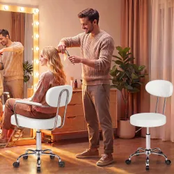 Taburete con Ruedas Giratorio Altura Regulable de Cuero Sintético con Respaldo para Spa Oficina Tatuajes Blanco - Ogal.Es