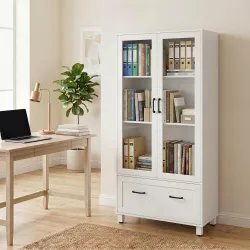 Archivador con Puertas de Cristal y Cajón Armario de Oficina con Barras Ajustables para Archivos 75x40x141 cm Bl... - Ogal.Es
