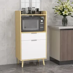 Mueble Microondas Estilo Escandinavo con Armario Cajón y Estante Ajustable 58x40x118 cm Natural y Blanco - Ogal.Es