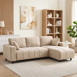 Sofá Chaise Longue Reversible de 4 Plazas 2 Almohadas Tapizado en Lino Marco de Acero 242x156x87 cm Beige - Ogal.Es