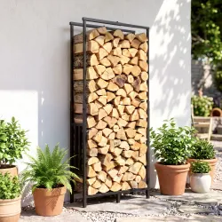 Leñero Exterior de Acero Robusto para Leña con Ancho Alto Ajustables Carga 100 kg 45,5-75,5x25x98-170 cm Negro - Ogal.Es