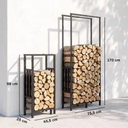 Leñero Exterior de Acero Robusto para Leña con Ancho Alto Ajustables Carga 100 kg 45,5-75,5x25x98-170 cm Negro - Ogal.Es