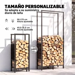 Leñero Exterior de Acero Robusto para Leña con Ancho Alto Ajustables Carga 100 kg 45,5-75,5x25x98-170 cm Negro - Ogal.Es