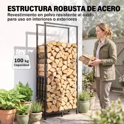Leñero Exterior de Acero Robusto para Leña con Ancho Alto Ajustables Carga 100 kg 45,5-75,5x25x98-170 cm Negro - Ogal.Es