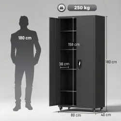 Armario de Herramientas de Acero 180 cm con Ruedas Extraíbles Estantes Ajustables Carga 250 kg para Garaje Negro - Ogal.Es