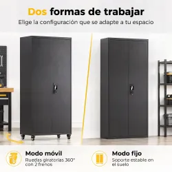 Armario de Herramientas de Acero 180 cm con Ruedas Extraíbles Estantes Ajustables Carga 250 kg para Garaje Negro - Ogal.Es