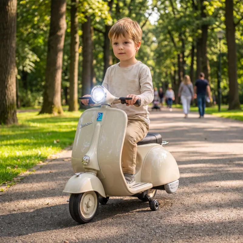 Moto Eléctrica para Niños Licencia VESPA Arranque Suave Ruedines Desmontables Luz Delantera Música, Bocina USB B... - Ogal.Es