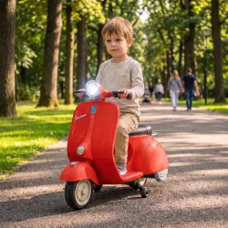 Moto Eléctrica para Niños Licencia VESPA Arranque Suave Ruedines Desmontables Luz Delantera Música, Bocina USB Rojo - Ogal.Es