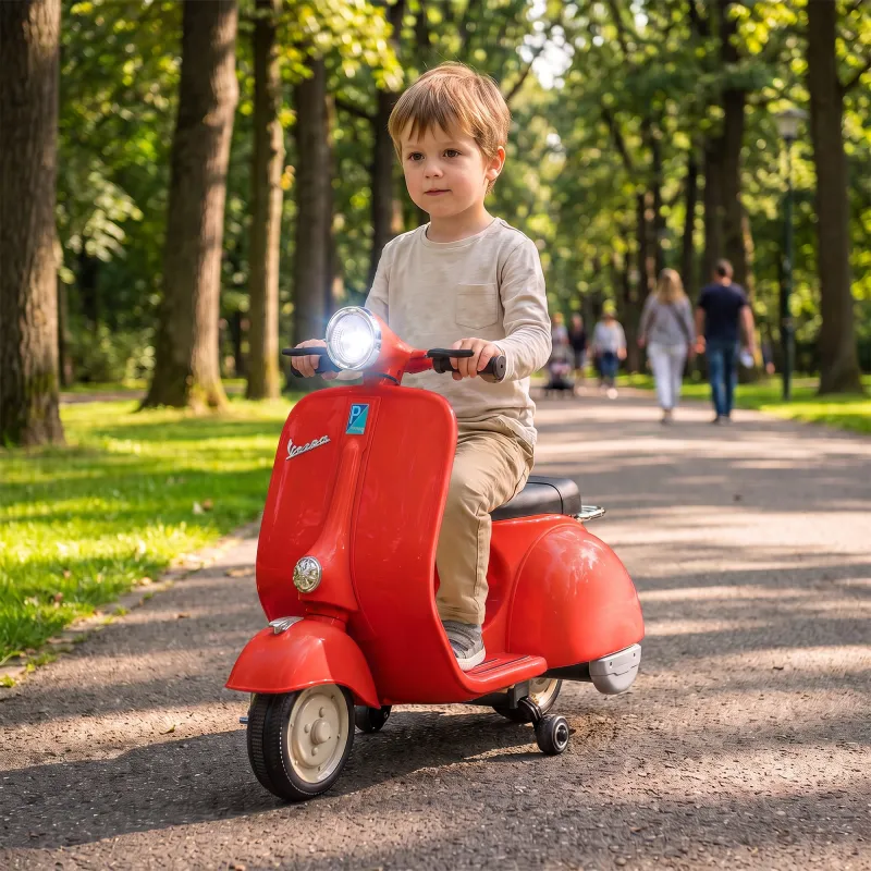 Moto Eléctrica para Niños Licencia VESPA Arranque Suave Ruedines Desmontables Luz Delantera Música, Bocina USB Rojo - Ogal.Es