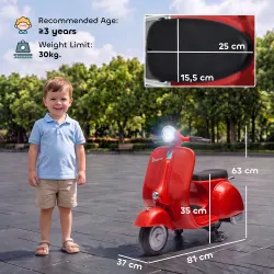 Moto Eléctrica para Niños Licencia VESPA Arranque Suave Ruedines Desmontables Luz Delantera Música, Bocina USB Rojo - Ogal.Es