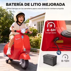Moto Eléctrica para Niños Licencia VESPA Arranque Suave Ruedines Desmontables Luz Delantera Música, Bocina USB Rojo - Ogal.Es