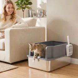 Arenero para Gatos de Acero Inoxidable L con Bandeja de Tamizado Borde Alto Pala 10 Empapadores Gris Oscuro - Ogal.Es