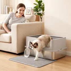 Arenero para Gatos de Acero Inoxidable XL Caja de Arena para Gatos Borde Alto Pala Cepillo Gancho Gris Claro - Ogal.Es
