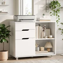 Mueble para Impresora con Ruedas 3 Cajones Barra Ajustable 2 Estantes Abiertos y Asas para Documentos Tamaño A4 ... - Ogal.Es