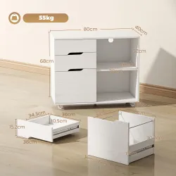 Mueble para Impresora con Ruedas 3 Cajones Barra Ajustable 2 Estantes Abiertos y Asas para Documentos Tamaño A4 ... - Ogal.Es