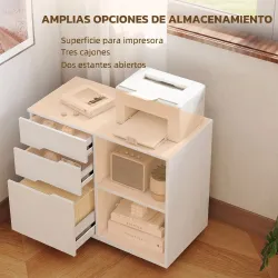 Mueble para Impresora con Ruedas 3 Cajones Barra Ajustable 2 Estantes Abiertos y Asas para Documentos Tamaño A4 ... - Ogal.Es