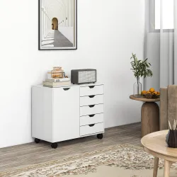 Cajonera de Oficina con 5 Cajones Ruedas Estante Ajustable Soporte para Impresora 78x40x66,5 cm Blanco - Ogal.Es