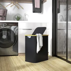 Cesto de Ropa Sucia Plegable con Tapa 80 L de Tela no Tejida 2 Compartimentos Asas 54x34x58,5 cm Negro - Ogal.Es