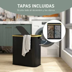 Cesto de Ropa Sucia Plegable con Tapa 80 L de Tela no Tejida 2 Compartimentos Asas 54x34x58,5 cm Negro - Ogal.Es