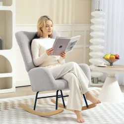Silla Mecedora Tapizado de Terciopelo Teddy con Reposabrazos Acolchado Grueso Patas de Madera Gris Claro - Ogal.Es