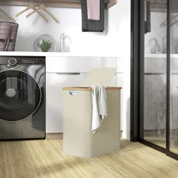 Cesto de Ropa Sucia Plegable con Tapa 80 L de Tela no Tejida 2 Compartimentos Asas 54x34x58,5 cm Beige - Ogal.Es