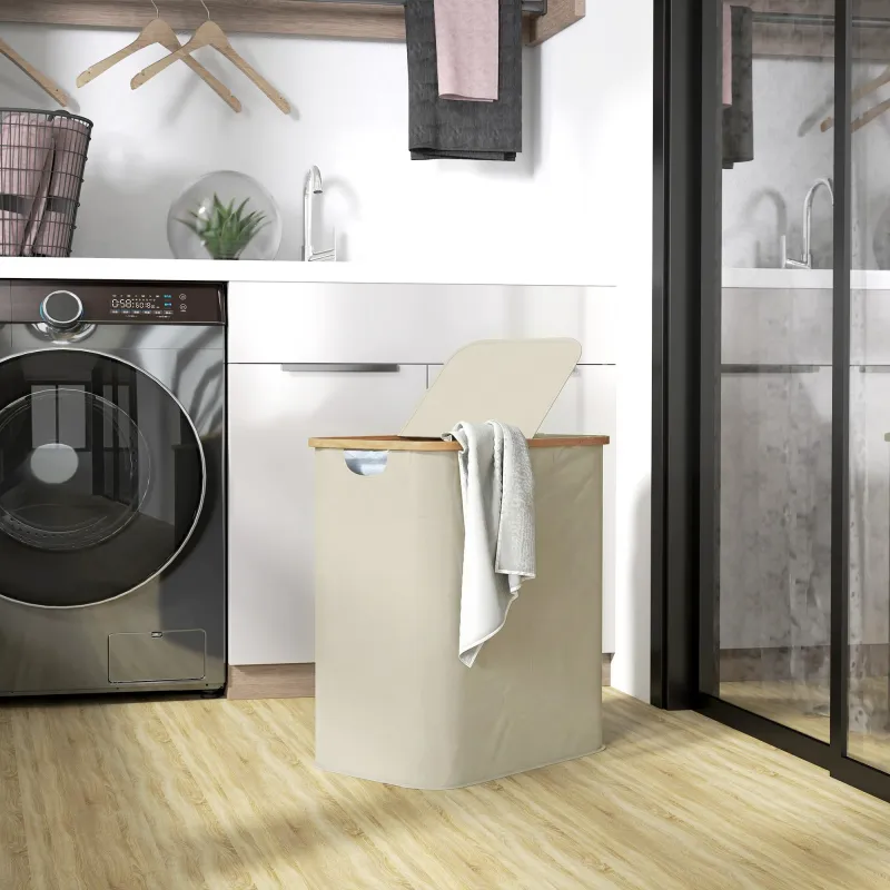 Cesto de Ropa Sucia Plegable con Tapa 80 L de Tela no Tejida 2 Compartimentos Asas 54x34x58,5 cm Beige - Ogal.Es
